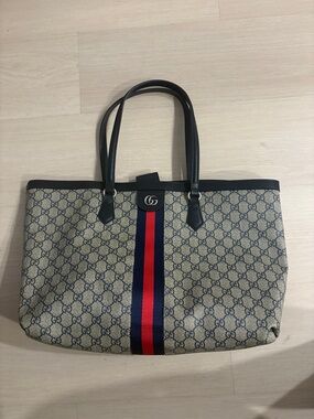 Gucci GG Supreme Tote with Navy and Red Web Stripe